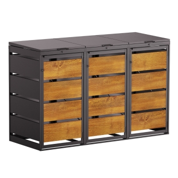 Box copri bidoni Kim per tre 120L in in Nero con frontale decorato in legno