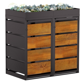 Box copri bidoni Egon per due 120L in in nero con frontale decorato in legno