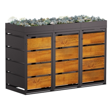 Box copri bidoni Egon per tre 120L in in Nero con frontale decorato in legno