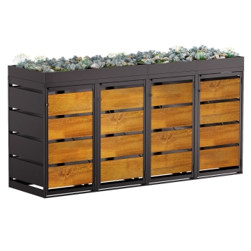 Box copri bidoni Egon per quattro 120L in in nero con frontale decorato in legno