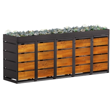 Box copri bidoni Egon per cinque 120L in in nero con frontale decorato in legno
