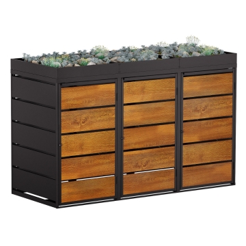 Box copri bidoni Edgar per tre 240L in in Nero con frontale decorato in legno
